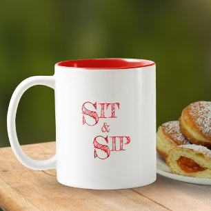 Caneca De Café Em Dois Tons Amante de Café Sentar e Beber Tipografia Vermelha