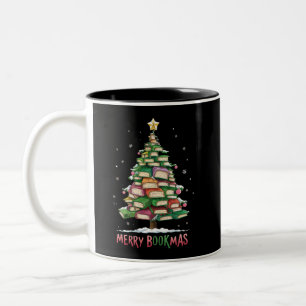 Caneca De Café Em Dois Tons Amante do Livro de Natal Árvore Bibliotecária Feli