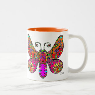Caneca De Café Em Dois Tons Amarelo cor-de-rosa alaranjado da borboleta do