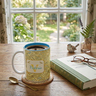 Caneca De Café Em Dois Tons Amarelo e azul floral paisley personalizado