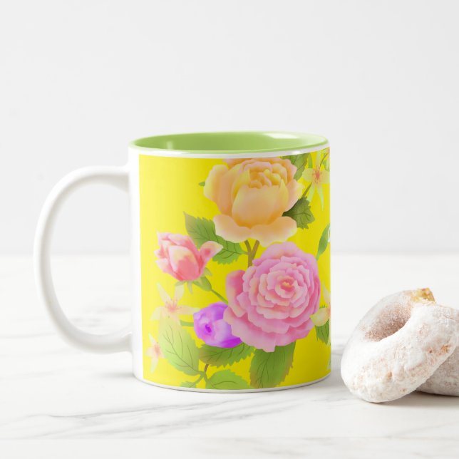 Caneca De Café Em Dois Tons Amarelo Elegante Rosa (Com Donut)