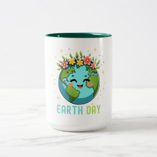 Caneca De Café Em Dois Tons Ambiente do Dia da Terra Corta a Terra com Floral