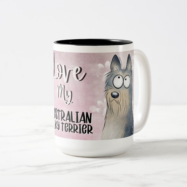 Caneca De Café Em Dois Tons Ame Meu Cartoon Australiano Silky Terrier 15oz (Frente Esquerda)