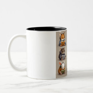 Caneca De Café Em Dois Tons Amigos Animais Aconchegantes Lendo e Relaxando