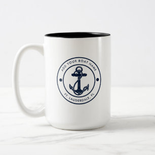 Caneca De Café Em Dois Tons Âncora Azul Naval Náutica Nome do Barco Personaliz