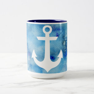 Caneca De Café Em Dois Tons Âncora náutica da aguarela branca azul feminino