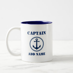 Caneca De Café Em Dois Tons Ancorador do Mar Azul Capitão Adicionar Nome ou N