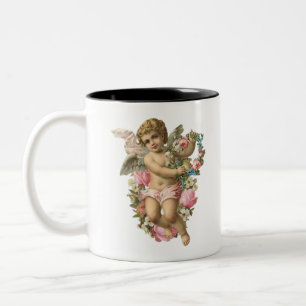 Caneca De Café Em Dois Tons Angélica Vintage Cherub com margaridas e rosas ro