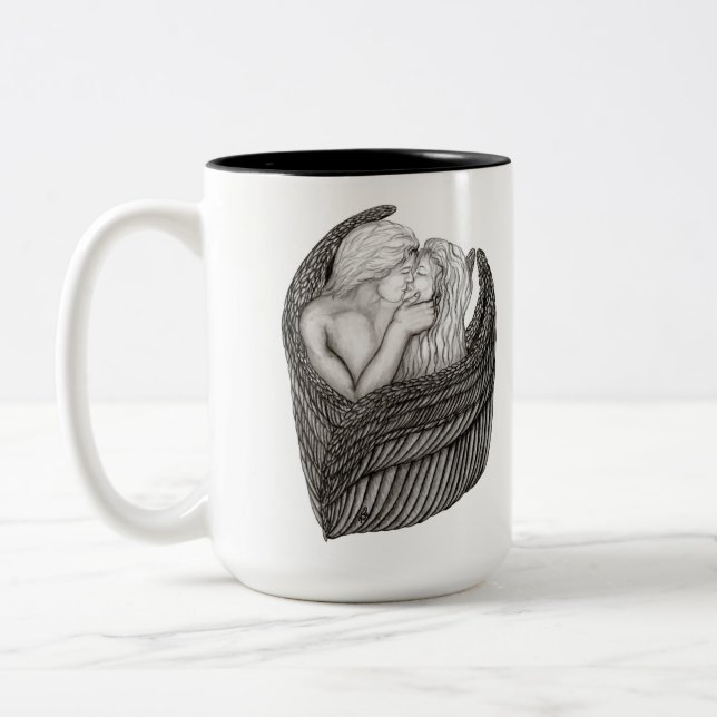Caneca De Café Em Dois Tons Angels Kissing, Design preto e branco (Esquerda)