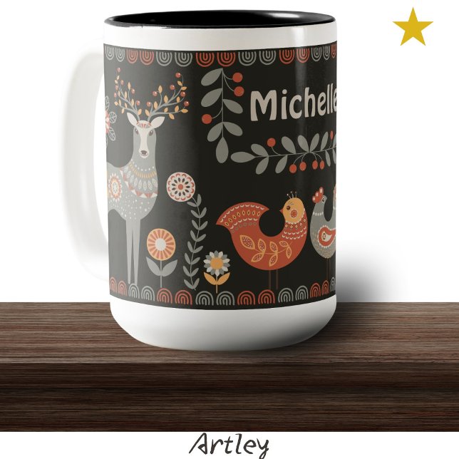 Caneca De Café Em Dois Tons Animais de Arte Pretos Nome Personalizado Deer Flo (Criador carregado)