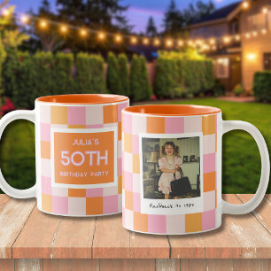 Caneca De Café Em Dois Tons Aniversário de 50 anos Xadrez Rosa e Laranja