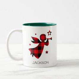 Caneca De Café Em Dois Tons Anjo de Natal Plaid Vermelho do Búfalo Personaliza
