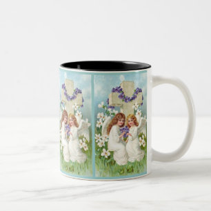 Caneca De Café Em Dois Tons Anjos bonitos com cruz e flores