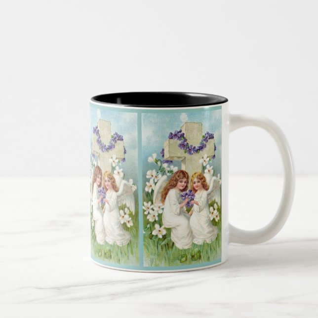 Caneca De Café Em Dois Tons Anjos bonitos com cruz e flores (Direita)