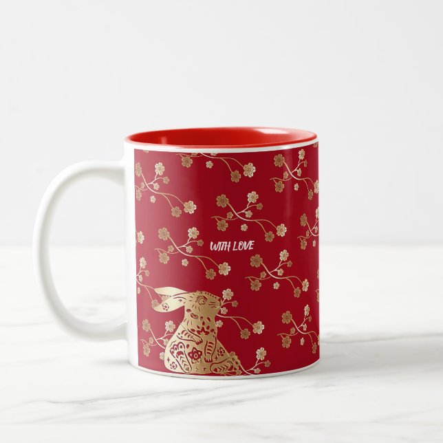 Caneca De Café Em Dois Tons Ano Novo Chinês do Coelho 2023 Vermelho Dourado Fl (Esquerda)