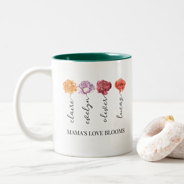 Caneca De Café Em Dois Tons Apaixonada personalizada pela mamãe Blooms Nasceu  (Com Donut)