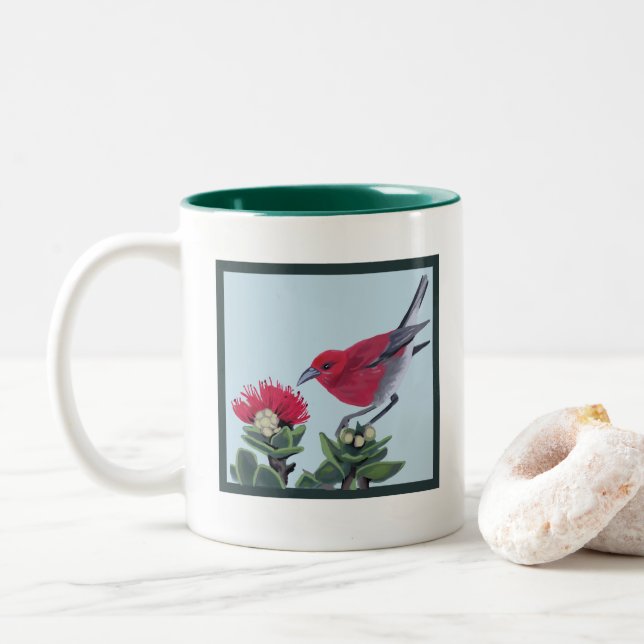 Caneca De Café Em Dois Tons Apapane & Lehua Blossom Hawaii Nature Illustration (Com Donut)