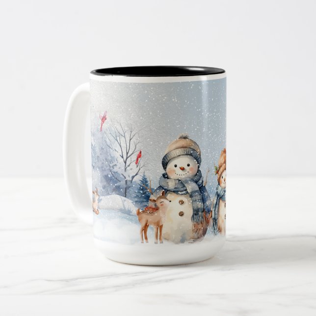 Caneca De Café Em Dois Tons Aquarela Bonecos de Neve Fofos (Frente Esquerda)