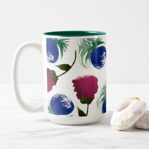Caneca De Café Em Dois Tons Aquarela Floral Azul Borgonha Cintura Verde