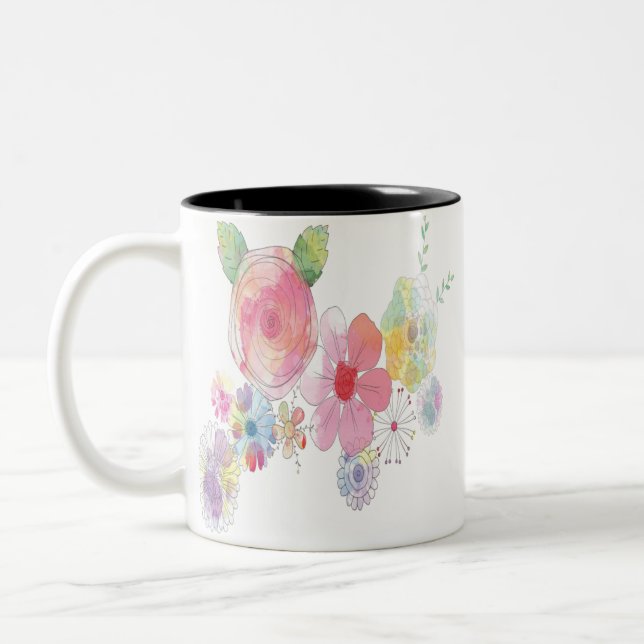 Caneca De Café Em Dois Tons Aquarela Flores Arte (Esquerda)