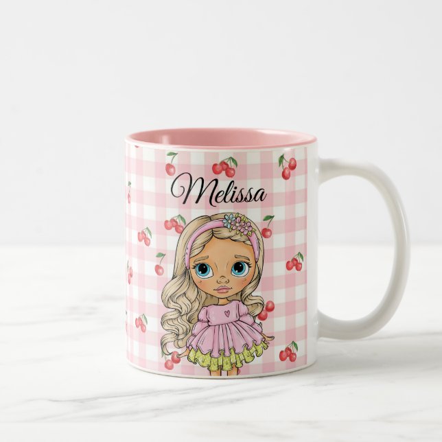 Caneca De Café Em Dois Tons Aquarela Menina Fofa Qualquer Nome Duas-Tons (Direita)