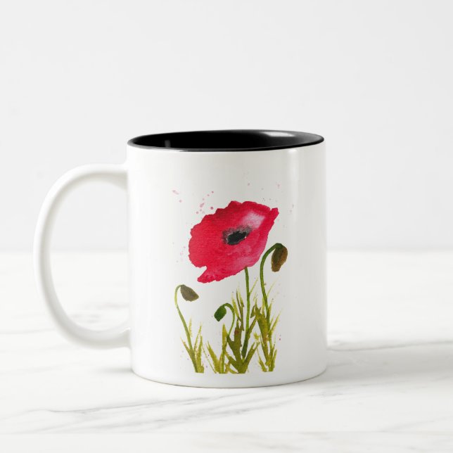Caneca De Café Em Dois Tons Aquarela papoulas vermelhas flores rústicas chique (Esquerda)
