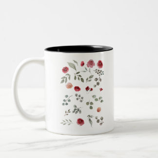 Caneca De Café Em Dois Tons Aquarela Rosas de Aquarela Folhas Verdes Folhas