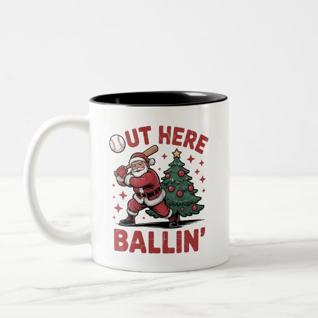 Caneca De Café Em Dois Tons Aqui fora Santa jogando baseball de Natal (Esquerda)
