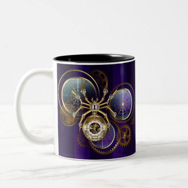 Caneca De Café Em Dois Tons Aranha Steampunk no fundo roxo (Esquerda)