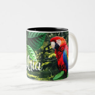 Caneca De Café Em Dois Tons Arara-escarlate na selva com flores