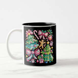 Caneca De Café Em Dois Tons Arco de árvore de Natal floral elegante rosa azul