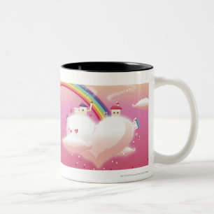 Caneca De Café Em Dois Tons Arco-íris e construções em nuvens