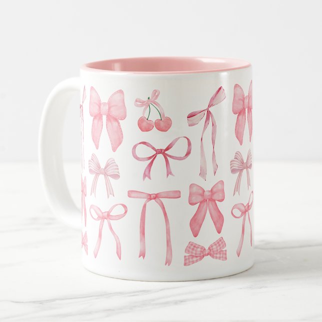 Caneca De Café Em Dois Tons Arco rosa feminino bonitinho e estético coqueta (Coquette mug, cute pink bows on coffee mug, girly trendy coquette aesthetic home decor gifts)
