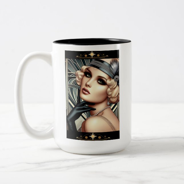 Caneca De Café Em Dois Tons Art Deco Femme Fatale Mug (2 tons preto) (Esquerda)