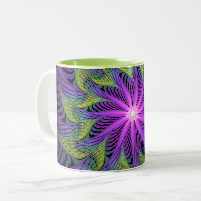 Caneca De Café Em Dois Tons Arte abstrata fractal moderna flor roxa verde (Frente Esquerda)