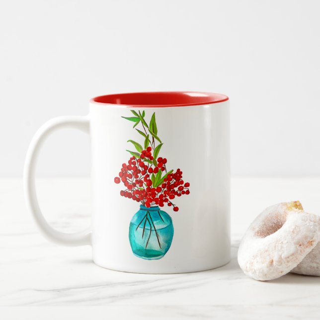 Caneca De Café Em Dois Tons Arte aquosa Red Berries (Com Donut)