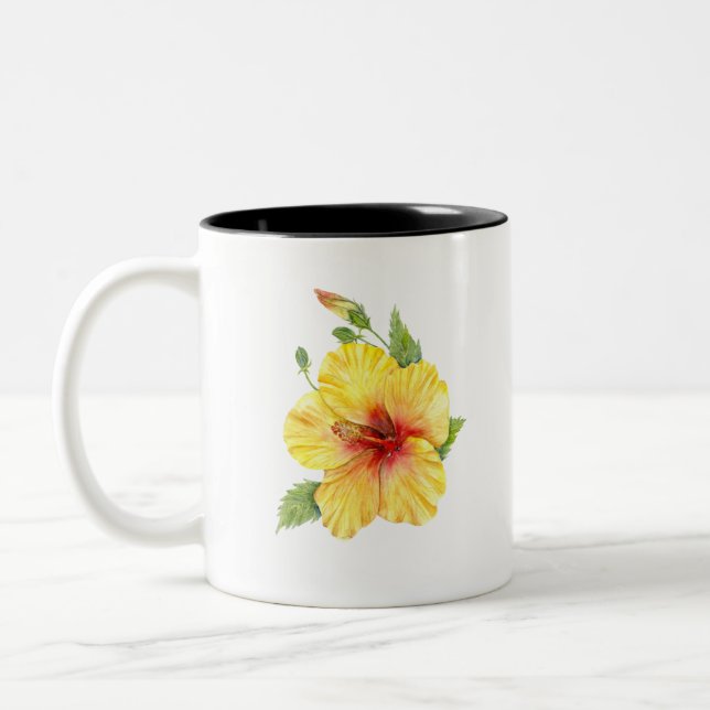 Caneca De Café Em Dois Tons Arte Botânica de Hibiscus Amarelo (Esquerda)