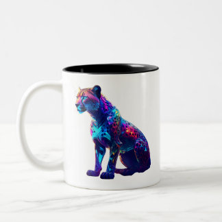 Caneca De Café Em Dois Tons Arte Colorida Neon Cheetah - Gato Selvagem Brilhan