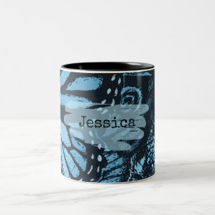 Caneca De Café Em Dois Tons Arte de Borboleta Azul Grunge Abstrata Personaliza