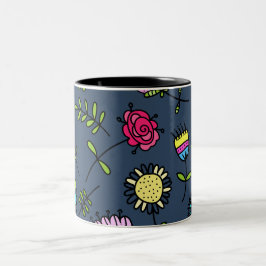 Caneca De Café Em Dois Tons Arte de Design de Padrão Floral Caprichoso