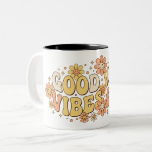 Caneca De Café Em Dois Tons Arte de Tipografia Ondulada Retro Groovy Boas Vibr