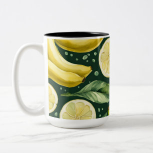 Caneca De Café Em Dois Tons Arte em Aquarela de Bananas Frescas e Fatias de Li