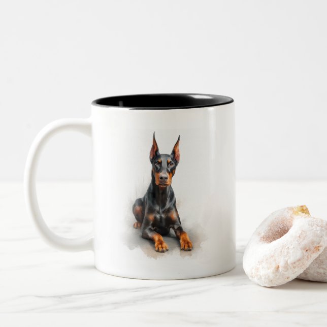 Caneca De Café Em Dois Tons Arte em Aquarela de Doberman (Com Donut)