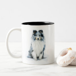 Caneca De Café Em Dois Tons Arte em Aquarela do Cão de Pastor de Shetland BLUE
