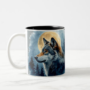 Caneca De Café Em Dois Tons Arte em Aquarela do Lobo da Lua Mística Floresta