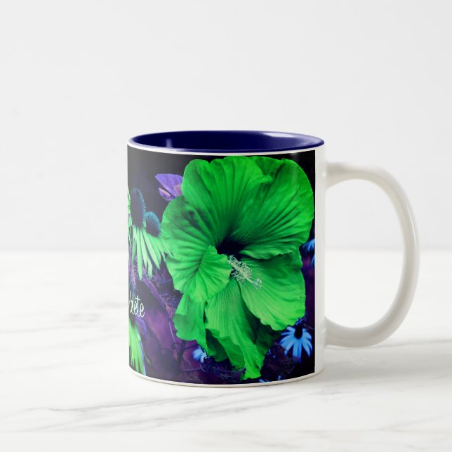 Caneca De Café Em Dois Tons Arte Flor Verde Hibiscus Personalizada (Direita)