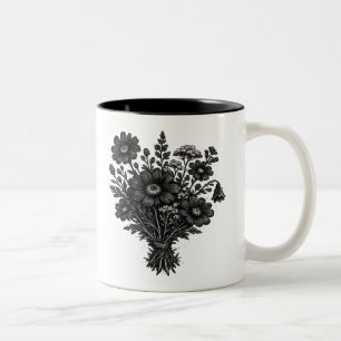 Caneca De Café Em Dois Tons Arte floral botânica linoleogravura de flores silv