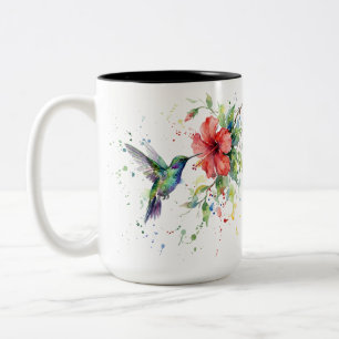 Caneca De Café Em Dois Tons Arte Floral em Aquarela de Beija-flor Colorido da