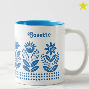 Caneca De Café Em Dois Tons Arte Floral Folclórica Minimalista Azul Claro Nome