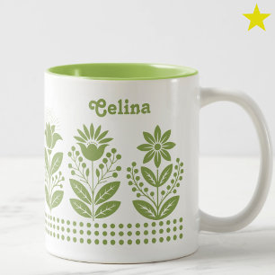 Caneca De Café Em Dois Tons Arte Floral Folclórica Minimalista Verde Fresco No